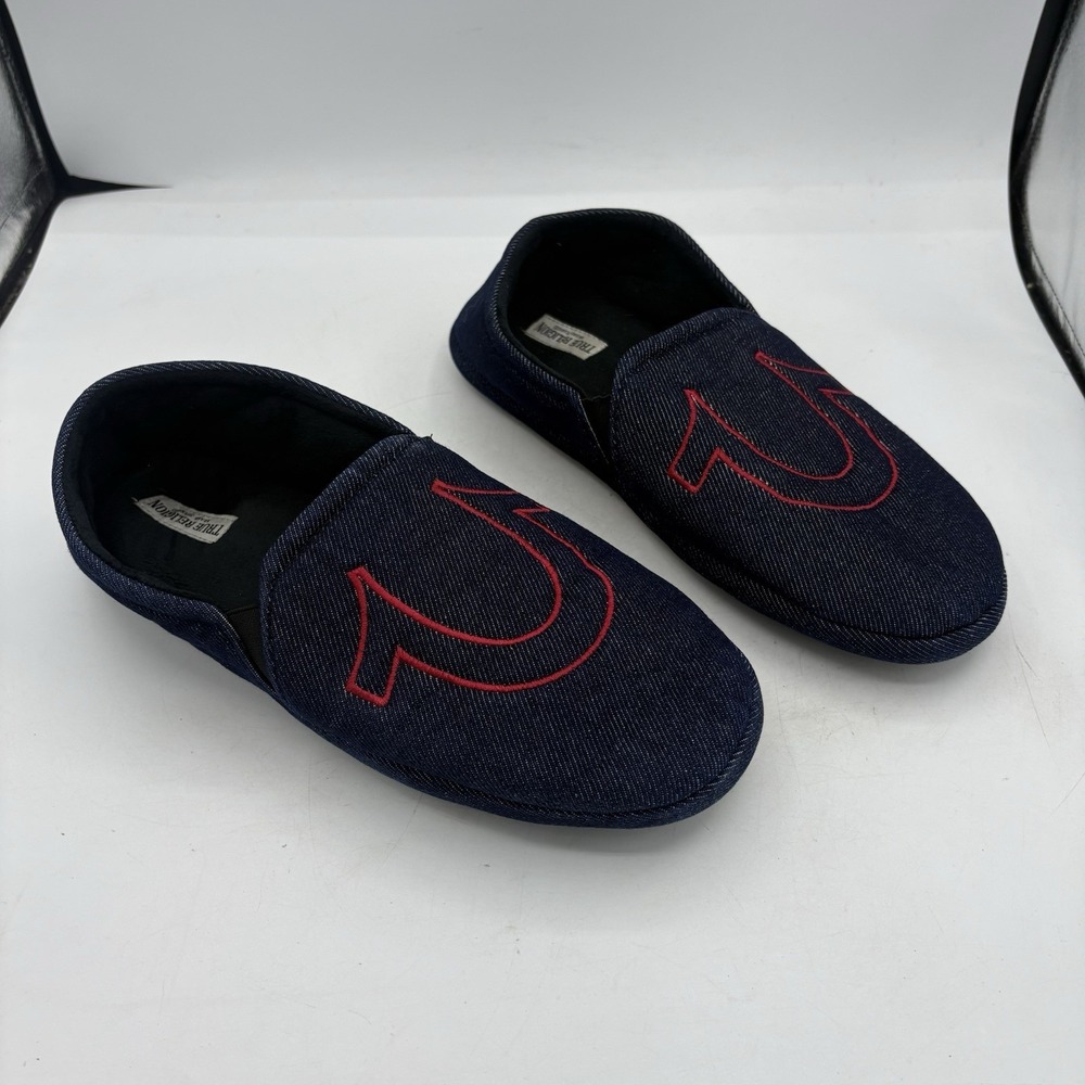 True Religion Slippers Mens‎ Size 9 & 10 Denim Exterior Lined Logo House Shoes